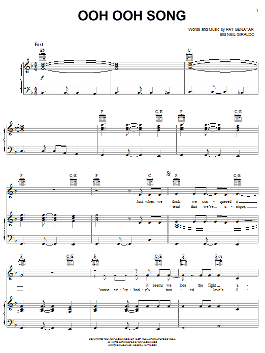 Pat Benatar Ooh Ooh Song sheet music notes and chords. Download Printable PDF.