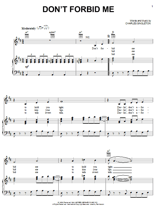 Learn to play Pat Boone Don't Forbid Me sheet music for Lead Sheet / Fake Book in minutes. Price: 5.9900$ Pat Boone Don't Forbid Me sheet music notes and chords arranged for Lead Sheet / Fake Book