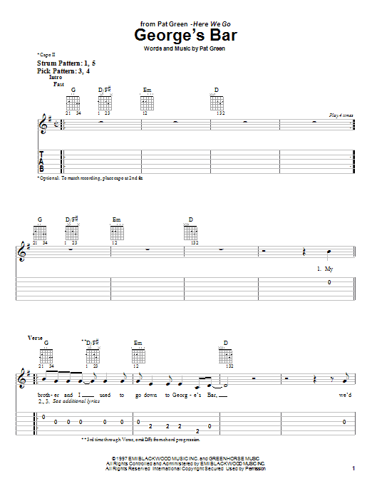 Learn to play Pat Green George's Bar sheet music for Easy Guitar Tab in minutes. Price: 5.9900$ Pat Green George's Bar sheet music notes and chords. Download Printable PDF.