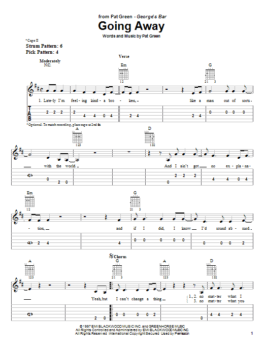 Learn to play Pat Green Going Away sheet music for Easy Guitar Tab in minutes. Pat Green Going Away sheet music notes and chords. Download Printable PDF.