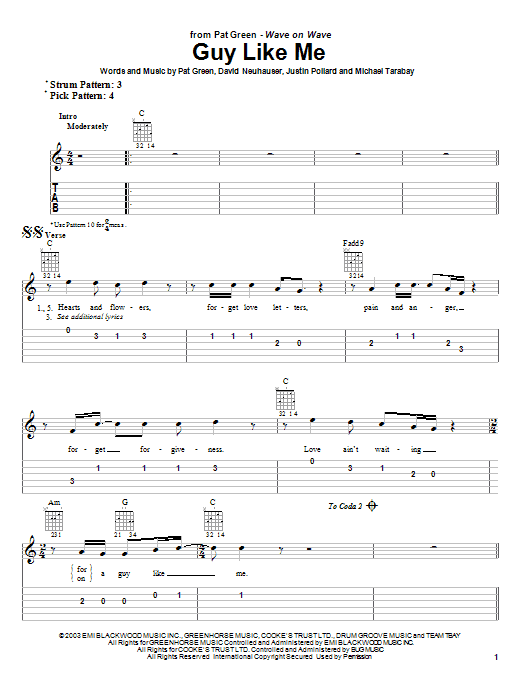 Learn to play Pat Green Guy Like Me sheet music for Easy Guitar Tab in minutes. Price: 5.9900$ Pat Green Guy Like Me sheet music notes and chords. Download Printable PDF.