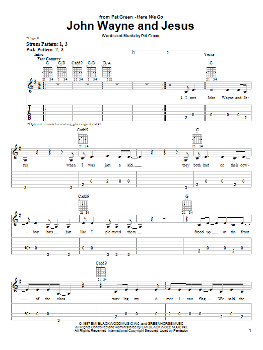 Learn to play Pat Green John Wayne And Jesus sheet music for Easy Guitar Tab in minutes. Pat Green John Wayne And Jesus sheet music notes and chords. Download Printable PDF.