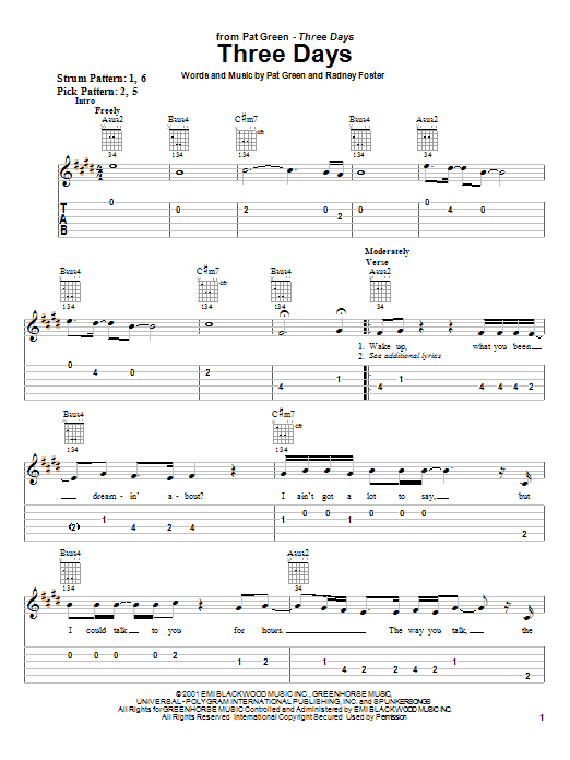 Learn to play Pat Green Three Days sheet music for Easy Guitar Tab in minutes. Pat Green Three Days sheet music notes and chords. Download Printable PDF.