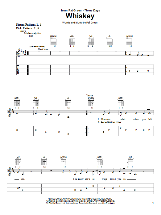 Learn to play Pat Green Whiskey sheet music for Easy Guitar Tab in minutes. Price: 5.9900$ Pat Green Whiskey sheet music notes and chords. Download Printable PDF.