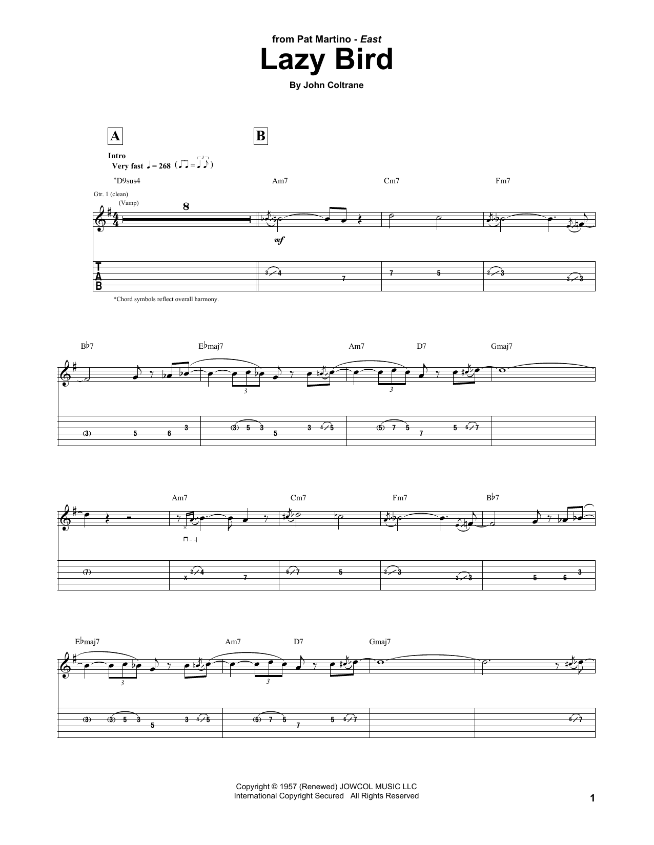 Pat Martino Lazy Bird sheet music notes and chords. Download Printable PDF.