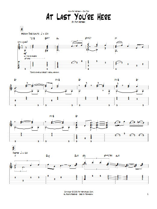 Learn to play Pat Metheny At Last You're Here sheet music for Guitar Tab in minutes. Pat Metheny At Last You're Here sheet music notes and chords. Download Printable PDF.