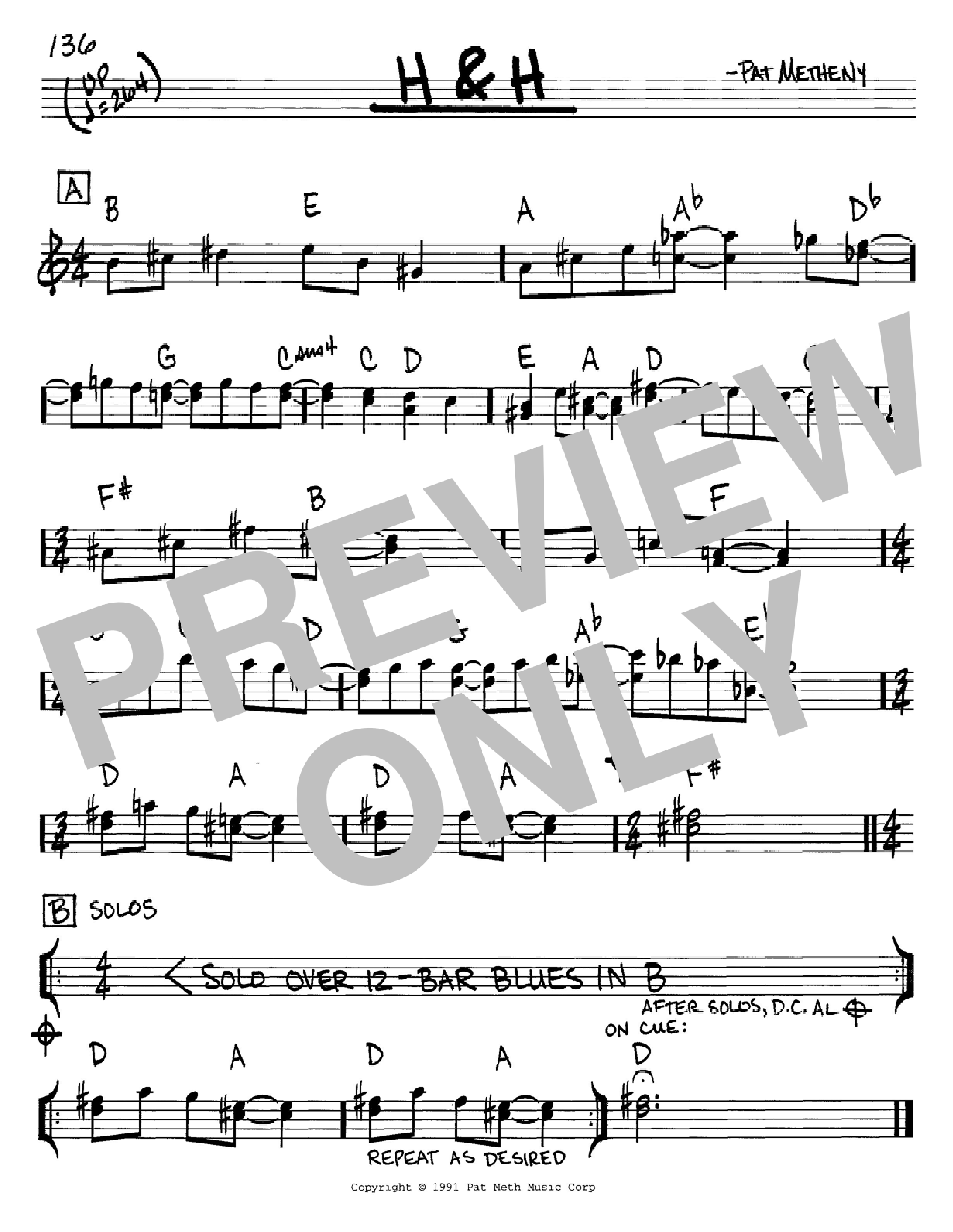 Pat Metheny H & H sheet music notes and chords. Download Printable PDF.