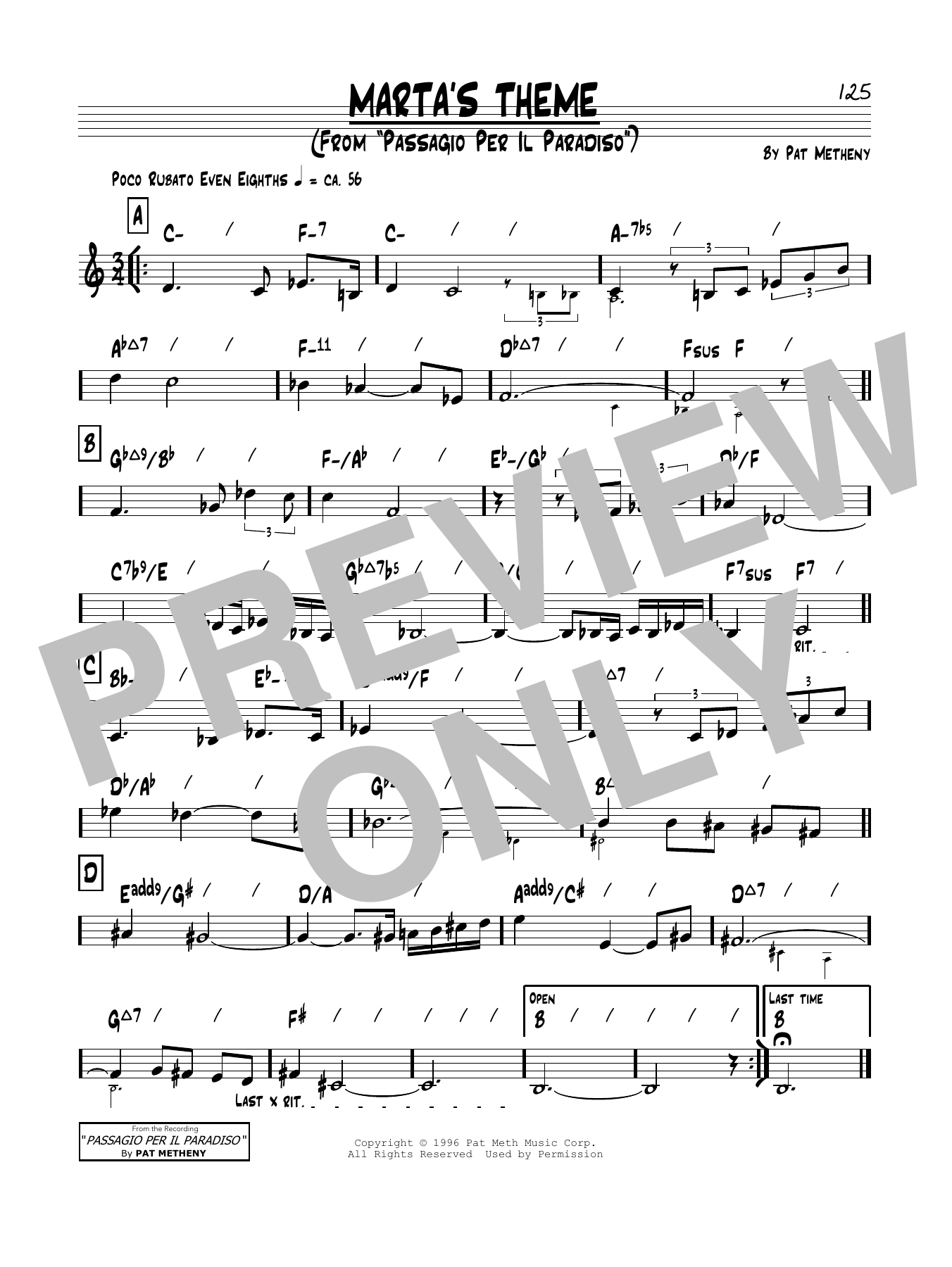 Pat Metheny Marta's Theme sheet music notes and chords. Download Printable PDF.