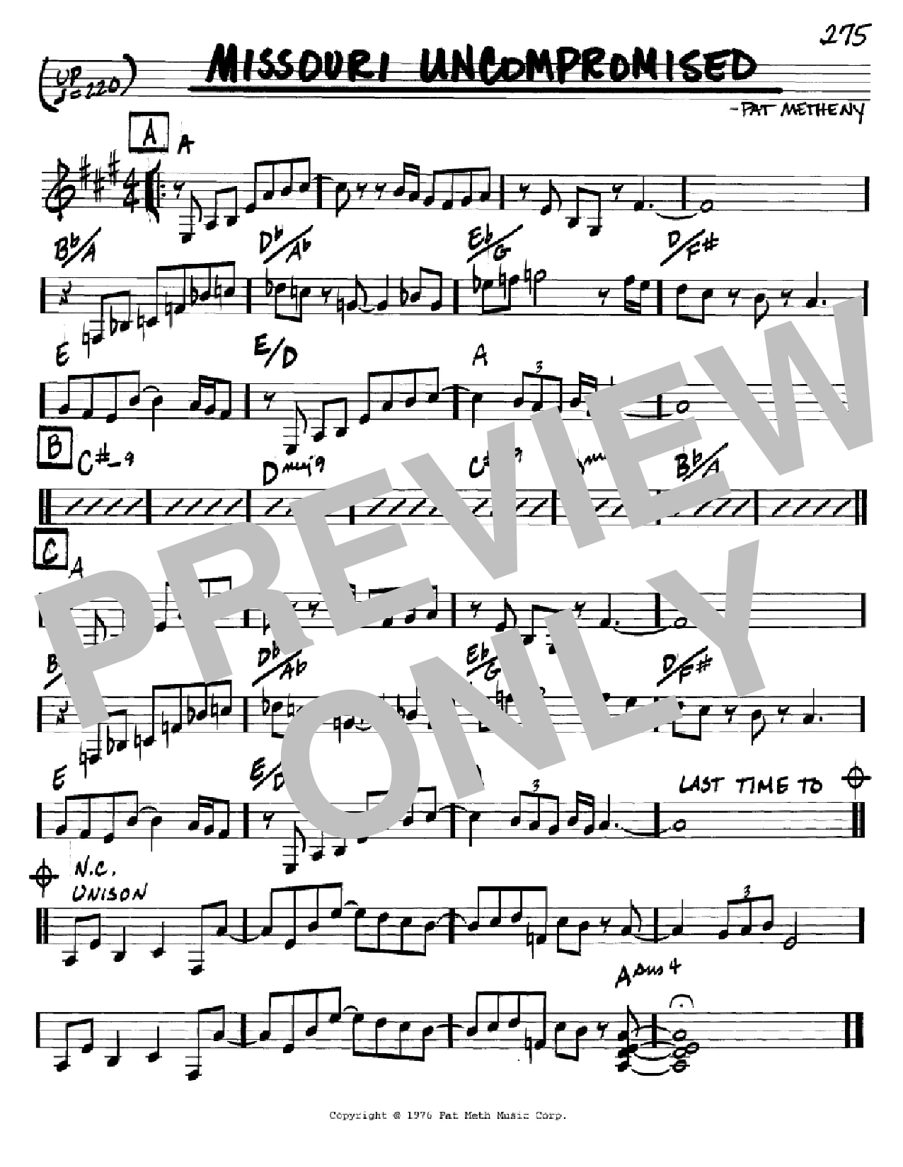 Pat Metheny Missouri Uncompromised sheet music notes and chords. Download Printable PDF.