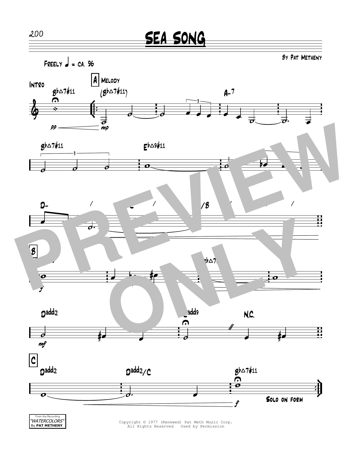 Pat Metheny Sea Song sheet music notes and chords. Download Printable PDF.