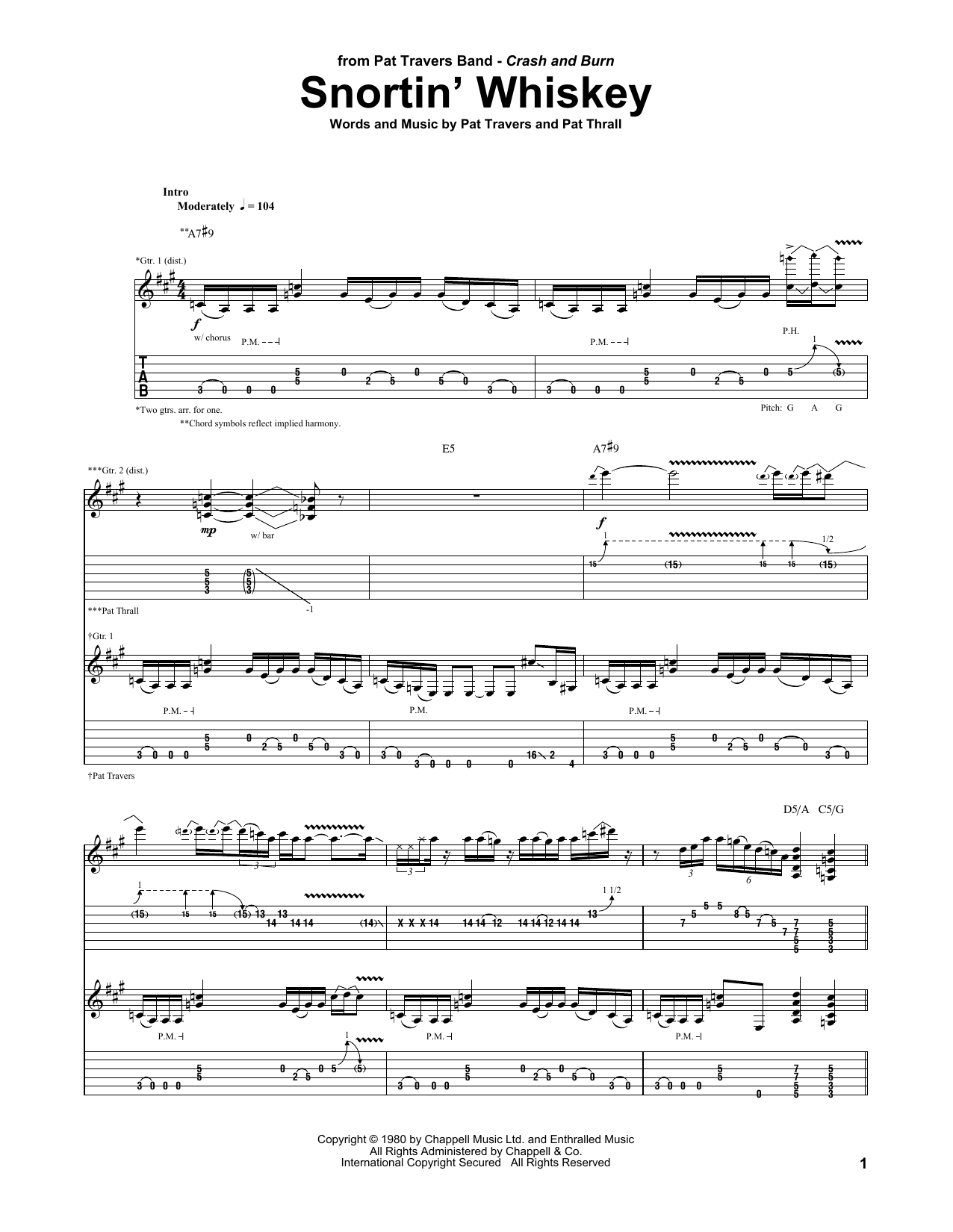 Pat Travers Snortin' Whiskey sheet music notes and chords. Download Printable PDF.