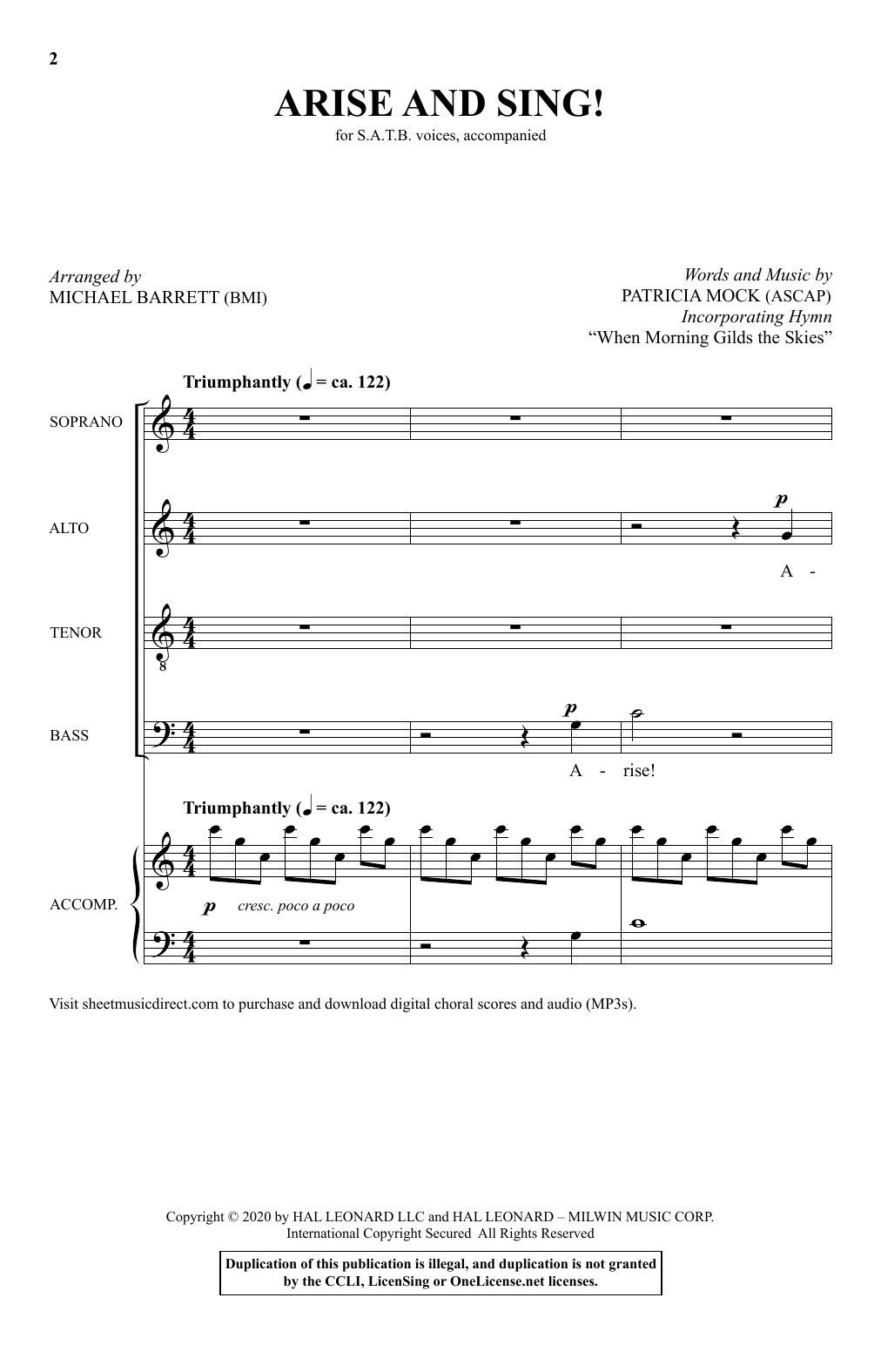 Learn to play Patricia Mock Arise And Sing (arr. Michael Barrett) sheet music for SATB Choir in minutes. Price: 3.9900$ Patricia Mock Arise And Sing (arr. Michael Barrett) sheet music notes and chords arranged for SATB Choir