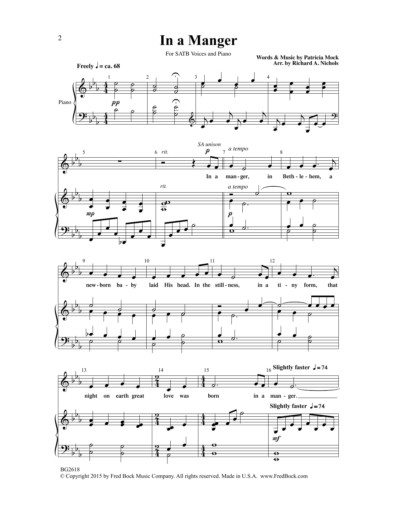 Learn to play Patricia Mock In A Manger (arr. Richard A. Nichols) sheet music for SATB Choir in minutes. Price: 3.9900$ Patricia Mock In A Manger (arr. Richard A. Nichols) sheet music notes and chords arranged for SATB Choir