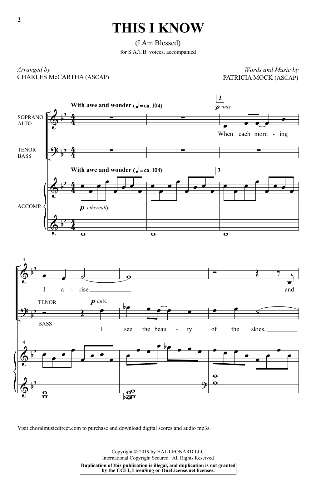 Learn to play Patricia Mock This I Know (I Am Blessed) (arr. Charles McCartha) sheet music for SATB Choir in minutes. Price: 3.9900$ Patricia Mock This I Know (I Am Blessed) (arr. Charles McCartha) sheet music notes and chords arranged for SATB Choir