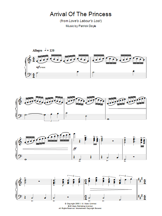 Learn to play Patrick Doyle Arrival Of The Princess (from Love's Labour's Lost) sheet music for Piano Solo in minutes. Patrick Doyle Arrival Of The Princess (from Love's Labour's Lost) sheet music notes and chords. Download Printable PDF.