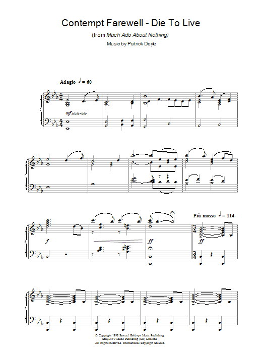 Learn to play Patrick Doyle Contempt Farewell - Die To Live (from Much Ado About Nothing) sheet music for Piano Solo in minutes. Patrick Doyle Contempt Farewell - Die To Live (from Much Ado About Nothing) sheet music notes and chords. Download Printable PDF.