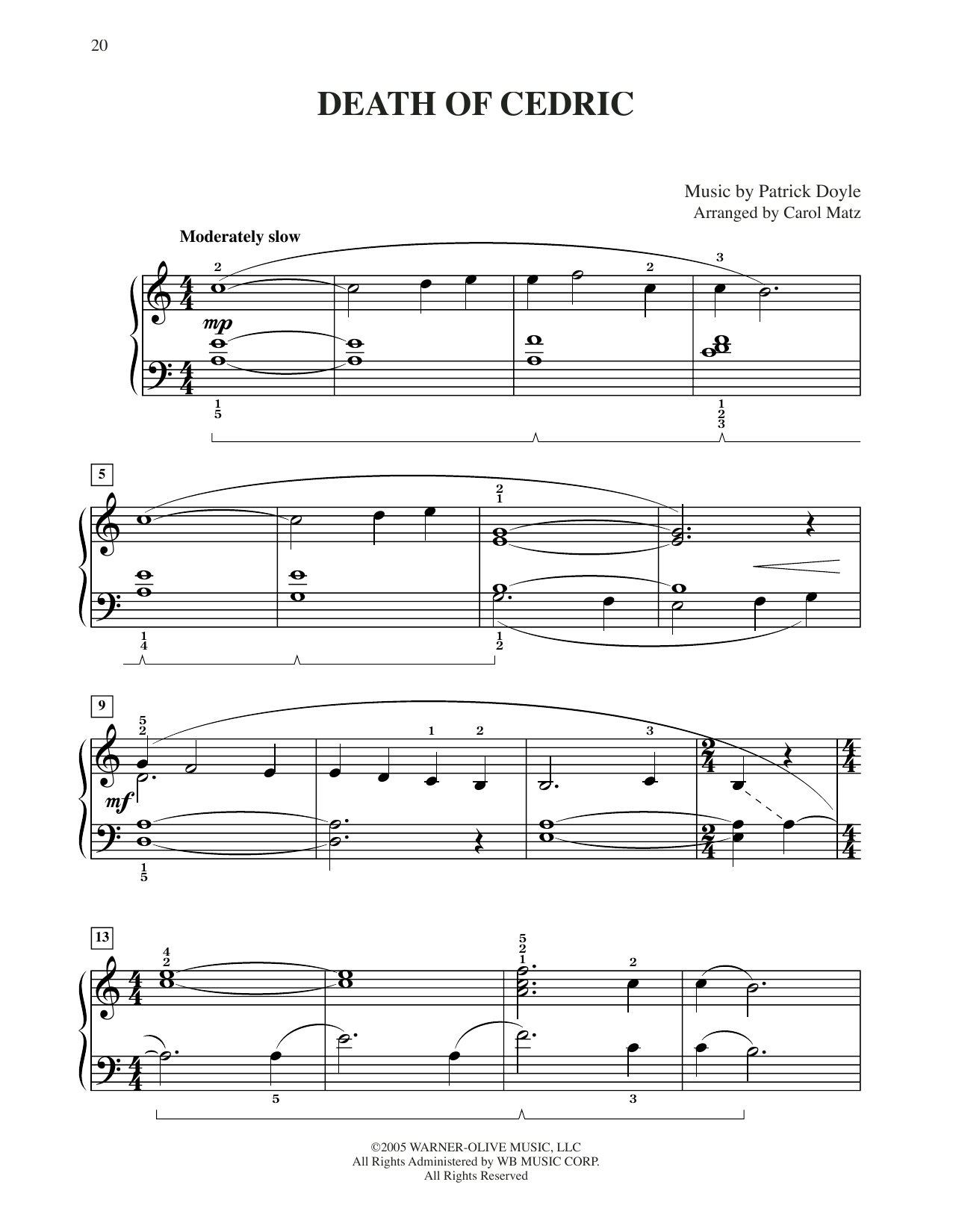 Learn to play Patrick Doyle Death Of Cedric (from Harry Potter) (arr. Carol Matz) sheet music for Big Note Piano in minutes. Price: 6.9900$ Patrick Doyle Death Of Cedric (from Harry Potter) (arr. Carol Matz) sheet music notes and chords arranged for Big Note Piano