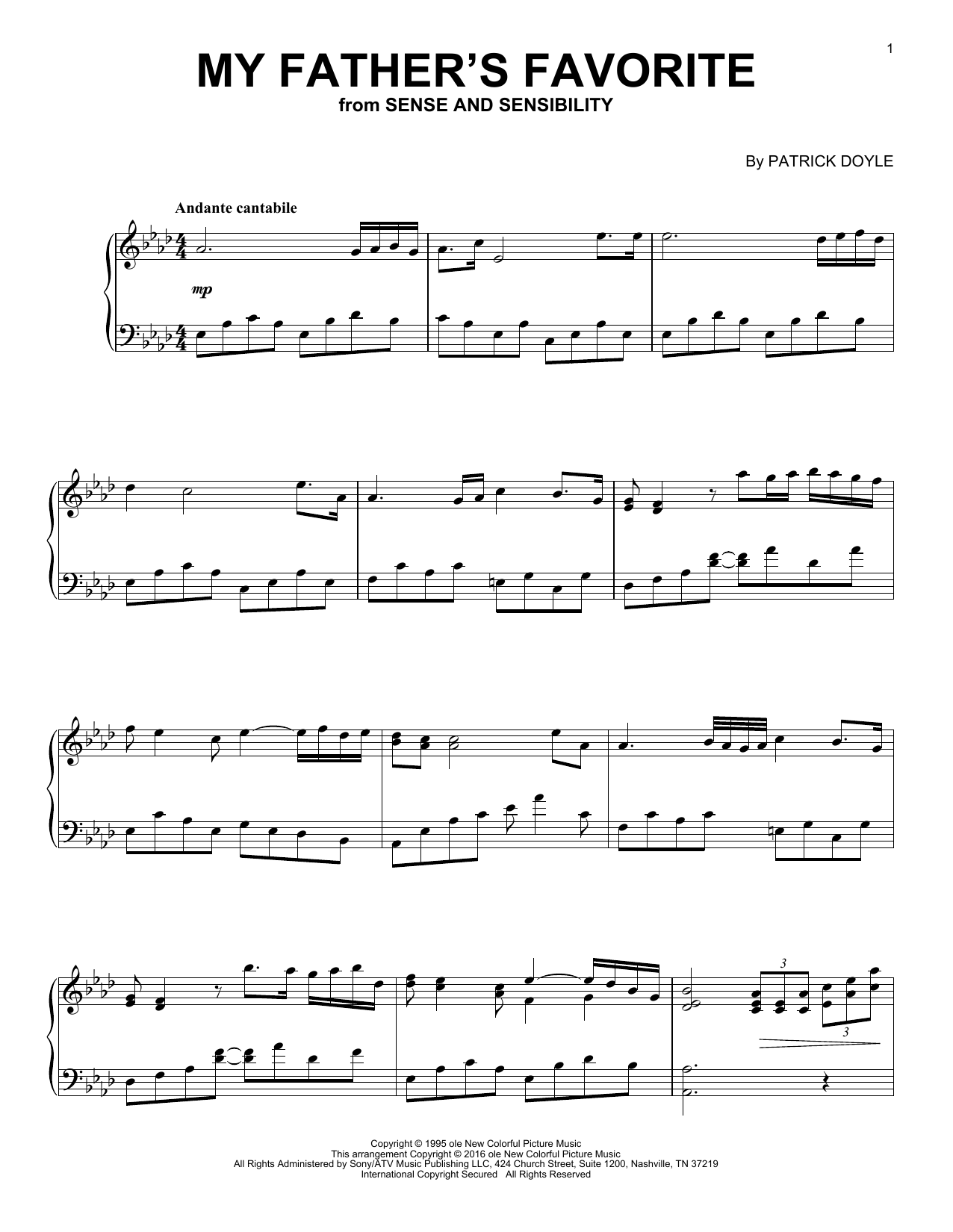 Learn to play Patrick Doyle My Father's Favorite sheet music for Piano Solo in minutes. Patrick Doyle My Father's Favorite sheet music notes and chords. Download Printable PDF.