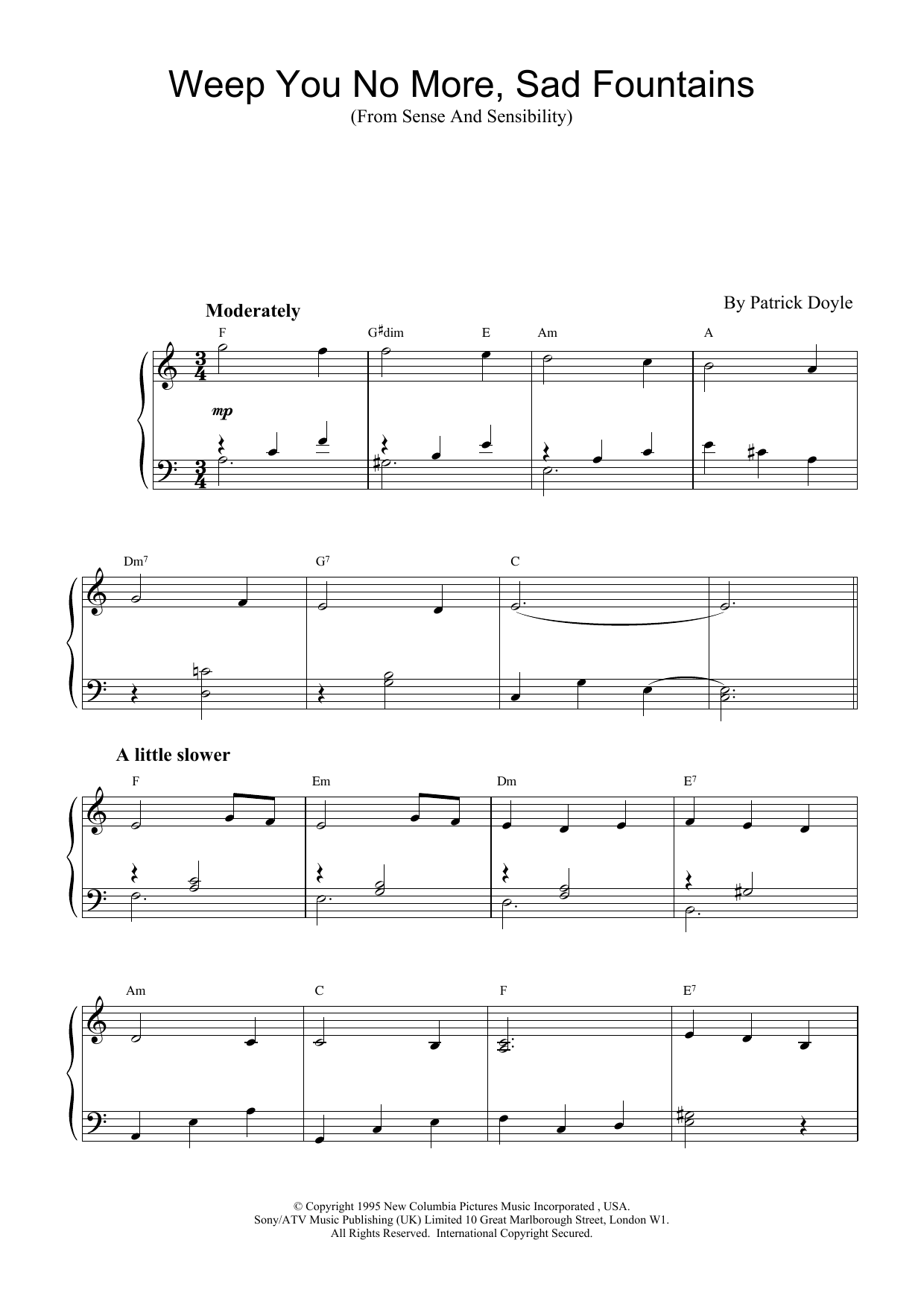 Learn to play Patrick Doyle Weep You No More, Sad Fountains (from Sense And Sensibility) sheet music for Piano Solo in minutes. Patrick Doyle Weep You No More, Sad Fountains (from Sense And Sensibility) sheet music notes and chords