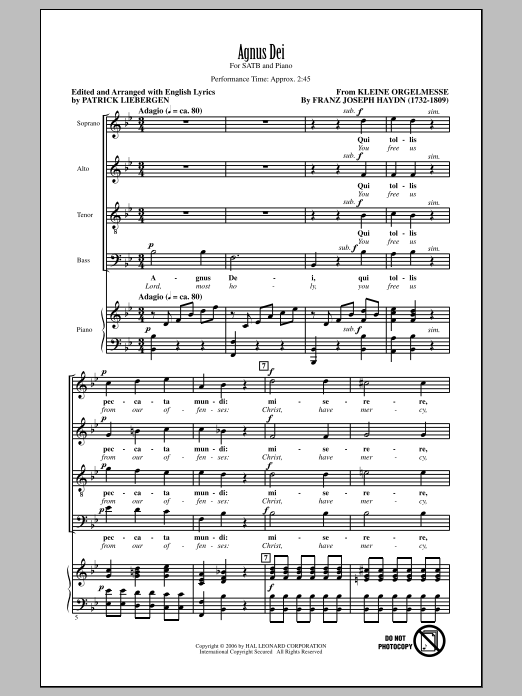 Franz Joseph Haydn Agnus Dei (arr. Patrick Liebergen) sheet music notes and chords. Download Printable PDF.