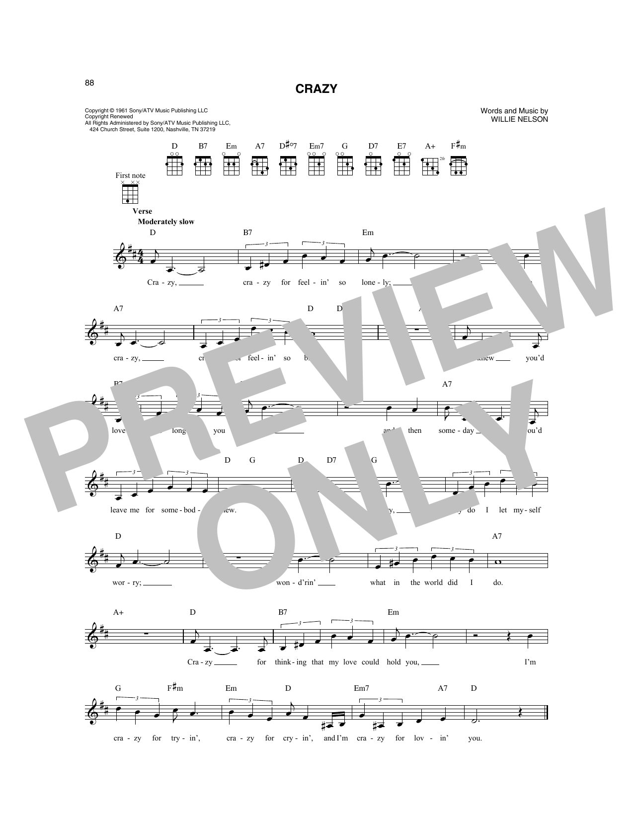 Patsy Cline Crazy sheet music notes and chords. Download Printable PDF.