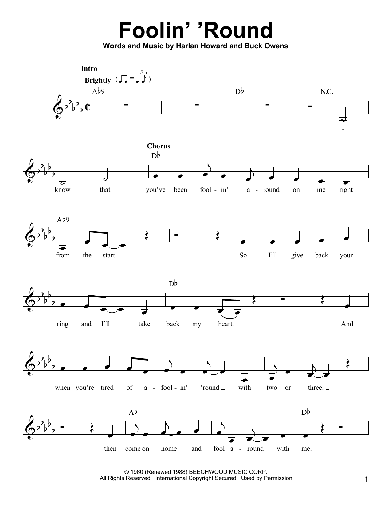 Patsy Cline Foolin' 'Round sheet music notes and chords. Download Printable PDF.