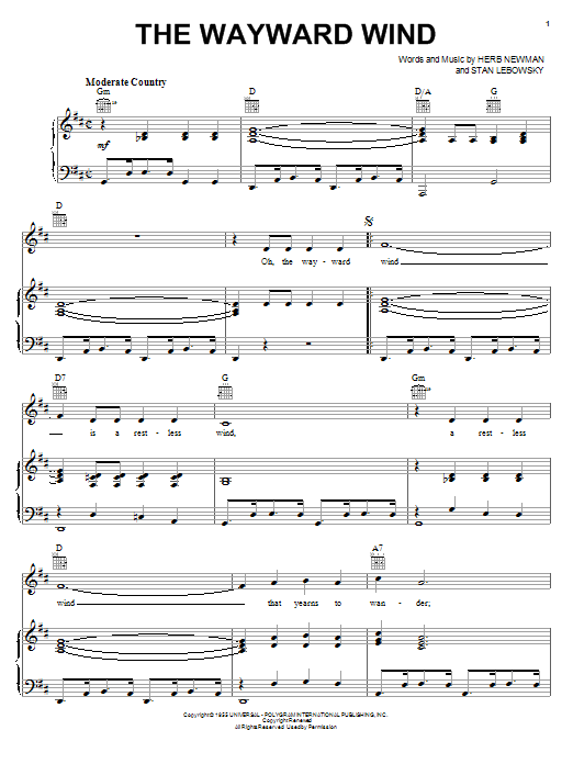 Patsy Cline The Wayward Wind sheet music notes and chords. Download Printable PDF.