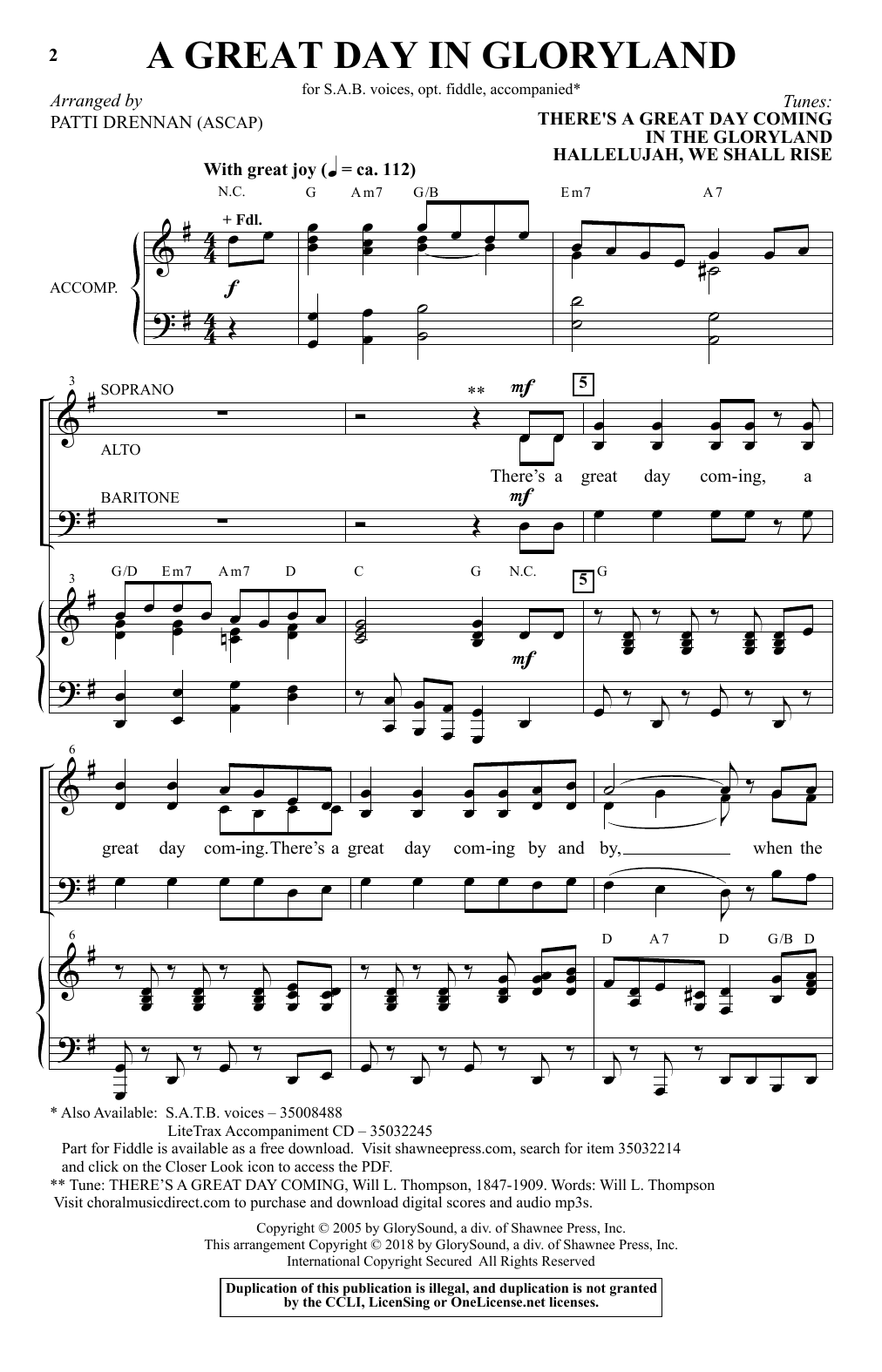 Learn to play Patti Drennan A Great Day In Gloryland sheet music for SAB Choir in minutes. Price: 3.9900$ Patti Drennan A Great Day In Gloryland sheet music notes and chords arranged for SAB Choir