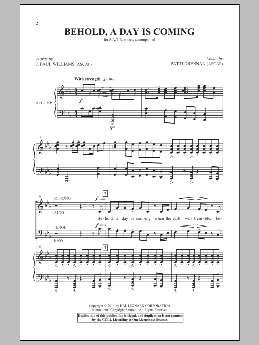 Learn to play Patti Drennan Behold, A Day Is Coming sheet music for SATB Choir in minutes. Price: 3.9900$ Patti Drennan Behold, A Day Is Coming sheet music notes and chords arranged for SATB Choir