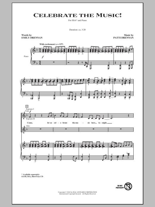 Learn to play Patti Drennan Celebrate The Music! sheet music for SSA Choir in minutes. Price: 3.9900$ Patti Drennan Celebrate The Music! sheet music notes and chords arranged for SSA Choir