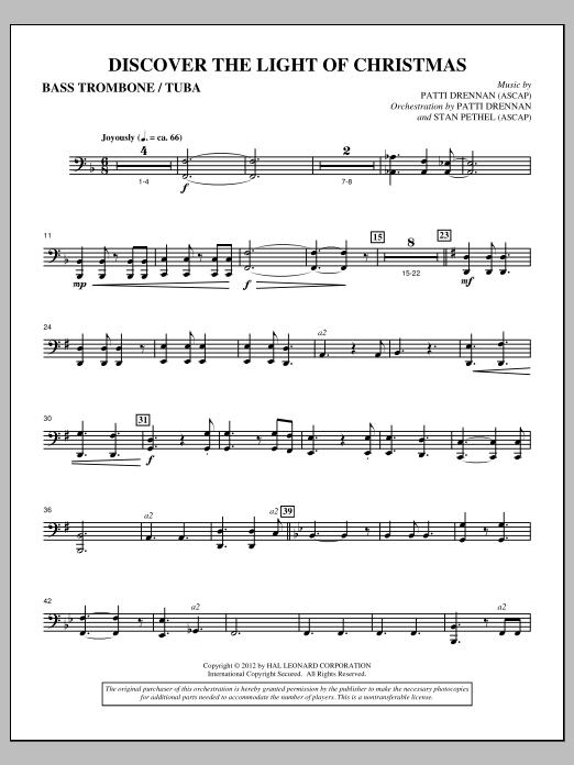 Learn to play Patti Drennan Discover The Light Of Christmas - Bass Trombone/Tuba sheet music for Choir Instrumental Pak in minutes. Price: 8.9900$ Patti Drennan Discover The Light Of Christmas - Bass Trombone/Tuba sheet music notes and chords arranged for Choir Instrumental Pak