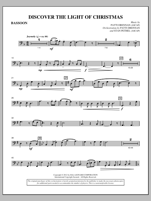 Learn to play Patti Drennan Discover The Light Of Christmas - Bassoon sheet music for Choir Instrumental Pak in minutes. Price: 8.9900$ Patti Drennan Discover The Light Of Christmas - Bassoon sheet music notes and chords arranged for Choir Instrumental Pak