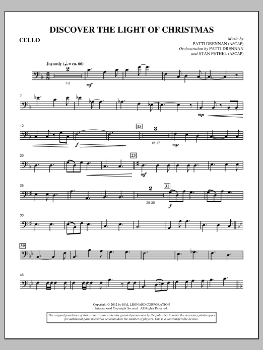Learn to play Patti Drennan Discover The Light Of Christmas - Cello sheet music for Choir Instrumental Pak in minutes. Price: 8.9900$ Patti Drennan Discover The Light Of Christmas - Cello sheet music notes and chords arranged for Choir Instrumental Pak