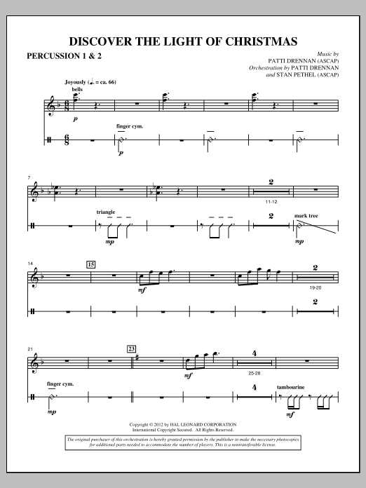 Learn to play Patti Drennan Discover The Light Of Christmas - Percussion 1 & 2 sheet music for Choir Instrumental Pak in minutes. Price: 8.9900$ Patti Drennan Discover The Light Of Christmas - Percussion 1 & 2 sheet music notes and chords arranged for Choir Instrumental Pak