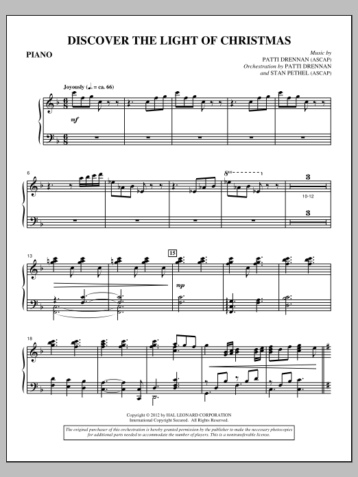 Learn to play Patti Drennan Discover The Light Of Christmas - Piano sheet music for Choir Instrumental Pak in minutes. Price: 8.9900$ Patti Drennan Discover The Light Of Christmas - Piano sheet music notes and chords arranged for Choir Instrumental Pak