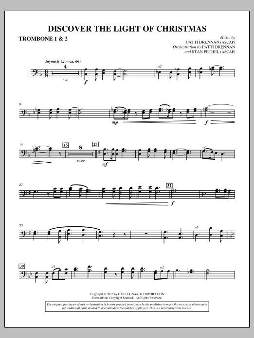 Patti Drennan Discover The Light Of Christmas - Trombone 1 & 2 sheet music notes and chords arranged for Choir Instrumental Pak