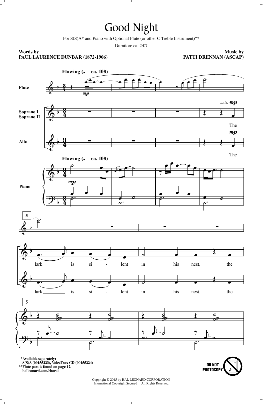 Patti Drennan Good Night sheet music notes and chords. Download Printable PDF.