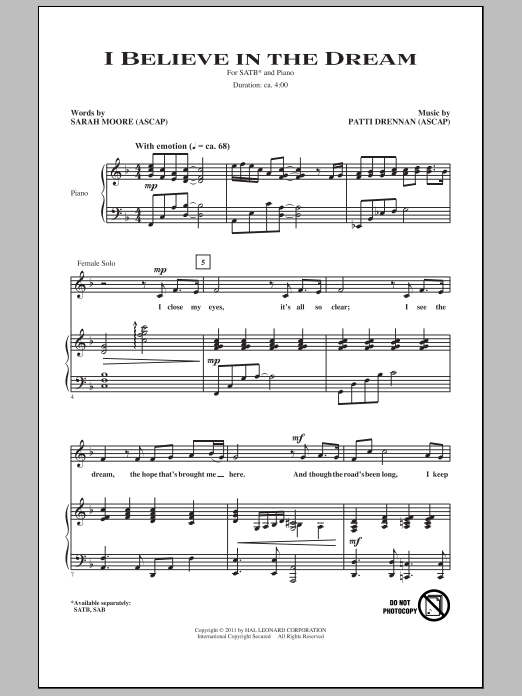 Learn to play Patti Drennan I Believe In The Dream sheet music for SAB Choir in minutes. Price: 3.9900$ Patti Drennan I Believe In The Dream sheet music notes and chords arranged for SAB Choir