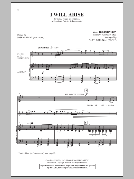 Traditional I Will Arise (arr. Patti Drennan) sheet music notes and chords. Download Printable PDF.