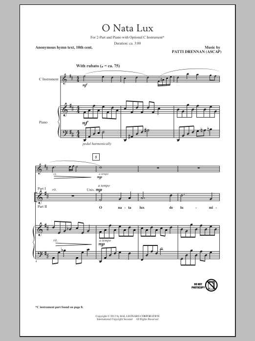 Patti Drennan O Nata Lux sheet music notes and chords. Download Printable PDF.