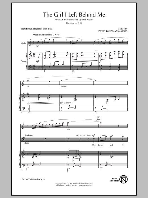 Learn to play Patti Drennan The Girl I Left Behind Me sheet music for TTBB Choir in minutes. Price: 3.9900$ Patti Drennan The Girl I Left Behind Me sheet music notes and chords arranged for TTBB Choir