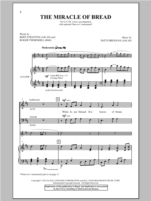 Learn to play Patti Drennan The Miracle Of Bread sheet music for SATB Choir in minutes. Price: 3.9900$ Patti Drennan The Miracle Of Bread sheet music notes and chords arranged for SATB Choir