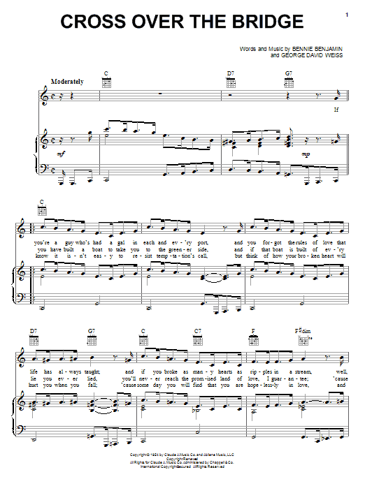 Learn to play Patti Page Cross Over The Bridge sheet music for Piano, Vocal & Guitar (Right-Hand Melody) in minutes. Patti Page Cross Over The Bridge sheet music notes and chords. Download Printable PDF.