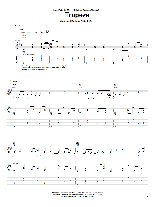 Learn to play Patty Griffin Trapeze sheet music for Guitar Tab in minutes. Price: 7.8900$ Patty Griffin Trapeze sheet music notes and chords arranged for Guitar Tab