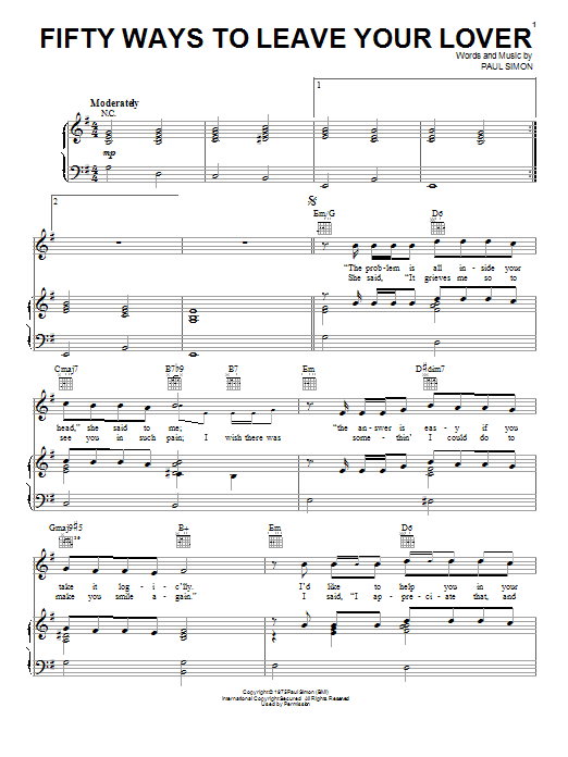 Paul Simon Fifty Ways To Leave Your Lover sheet music notes and chords. Download Printable PDF.