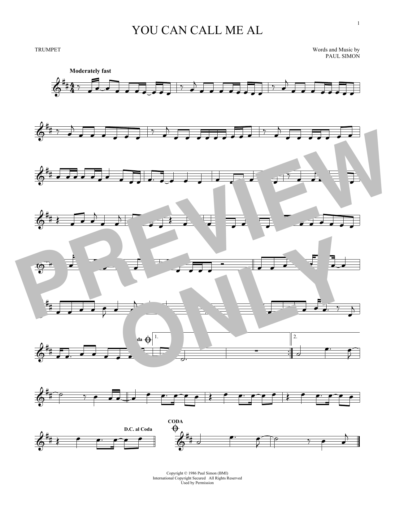 Paul Simon You Can Call Me Al sheet music notes and chords. Download Printable PDF.