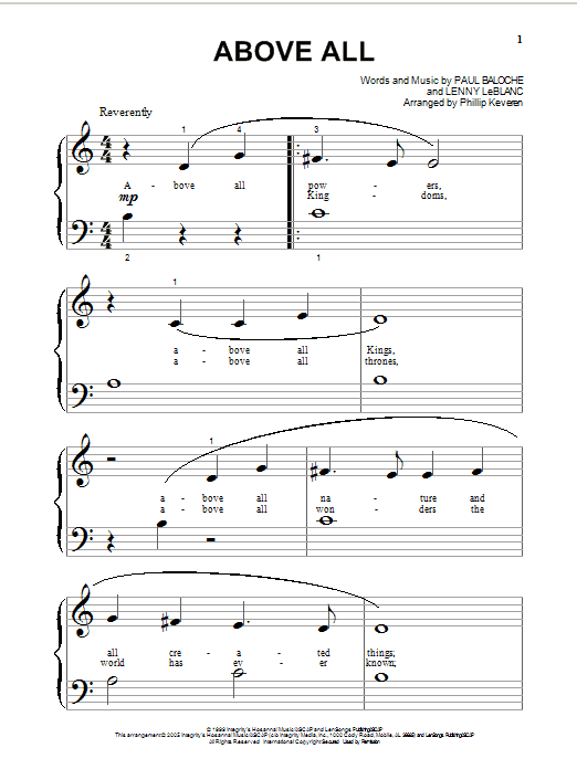 Learn to play Paul Baloche Above All sheet music for Big Note Piano in minutes. Price: 6.9900$ Paul Baloche Above All sheet music notes and chords arranged for Big Note Piano