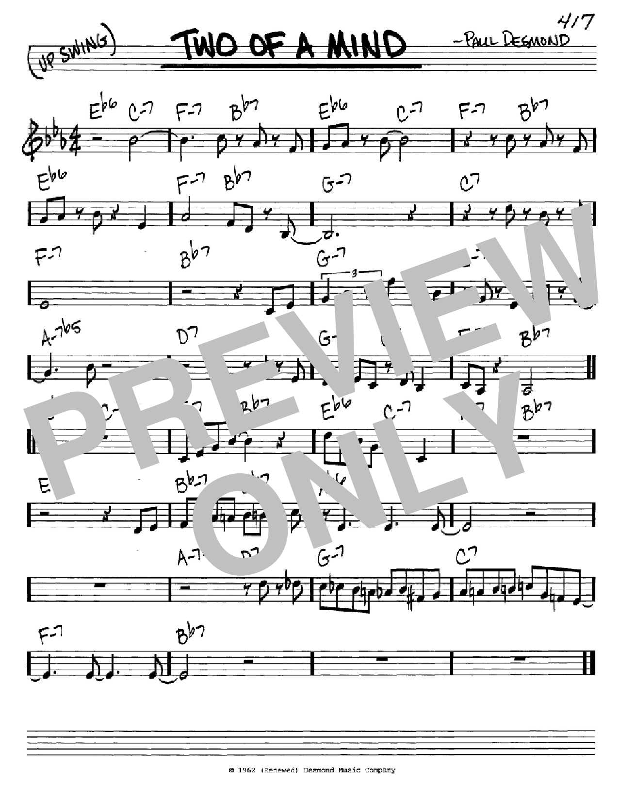 Paul Desmond Two Of A Mind Sheet Music Pdf Notes Chords Jazz Score Real Book Melody Chords Download Printable Sku 420351