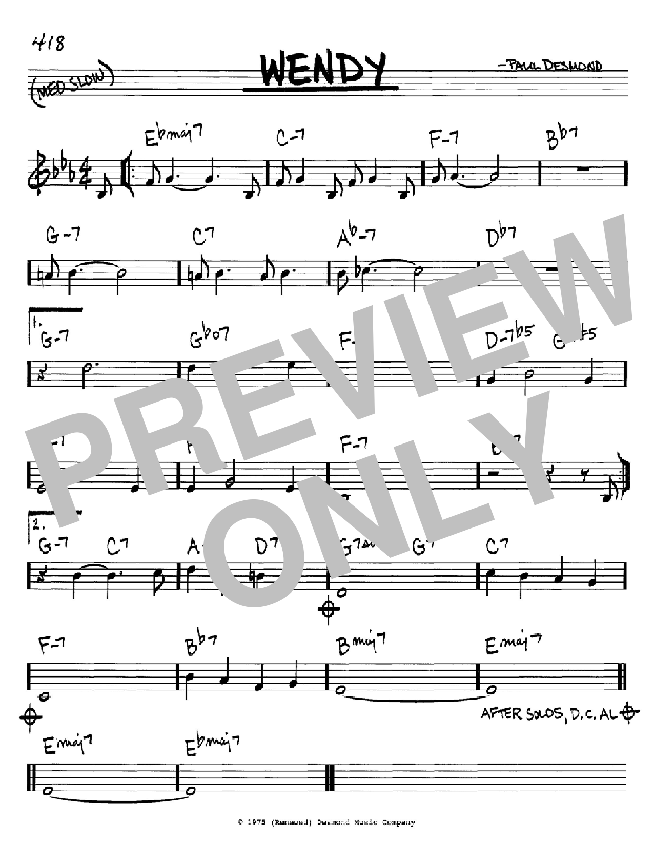 Paul Desmond Wendy sheet music notes and chords. Download Printable PDF.