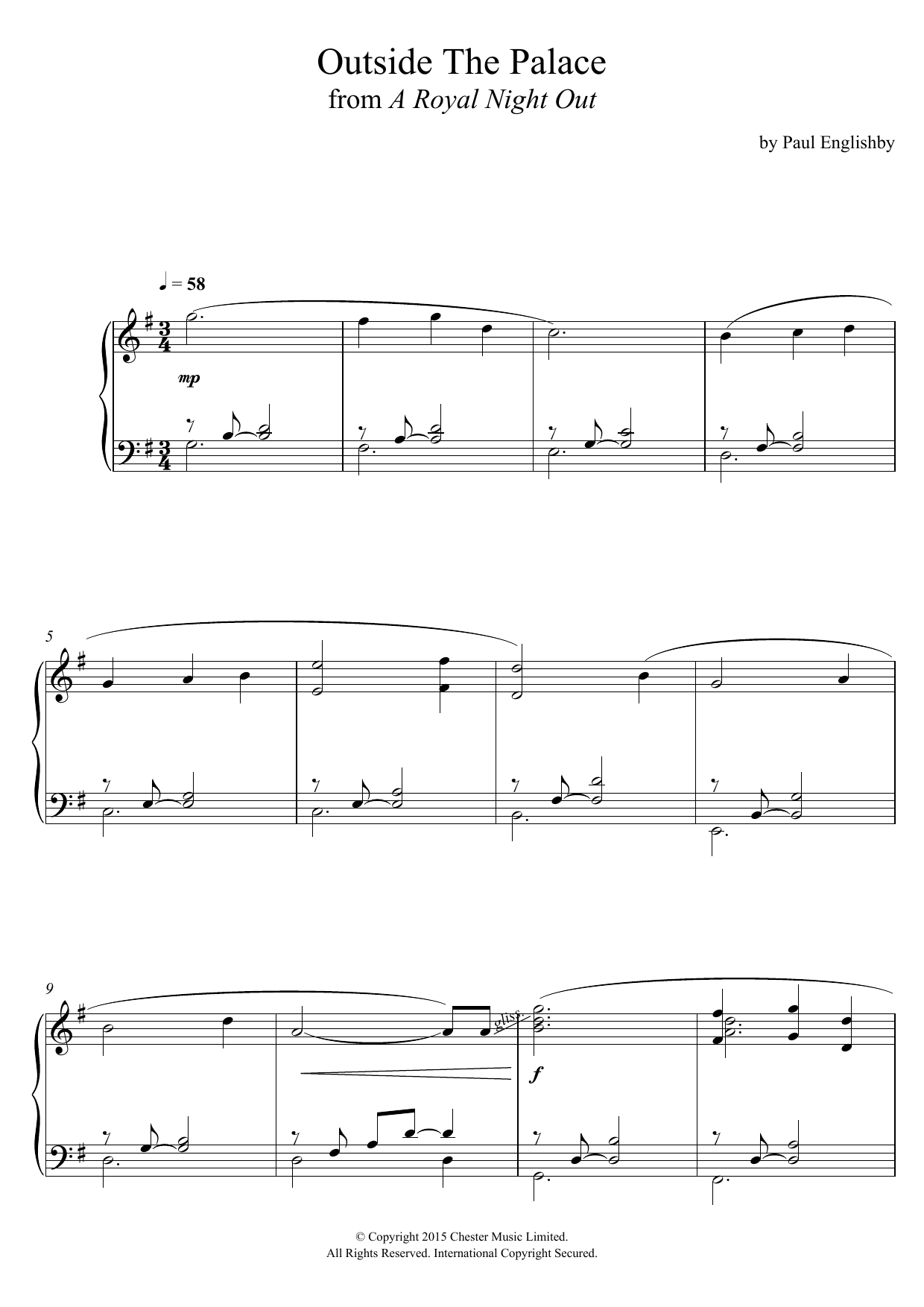 Learn to play Paul Englishby Outside The Palace (From 'A Royal Night Out') sheet music for Piano Solo in minutes. Paul Englishby Outside The Palace (From 'A Royal Night Out') sheet music notes and chords. Download Printable PDF.